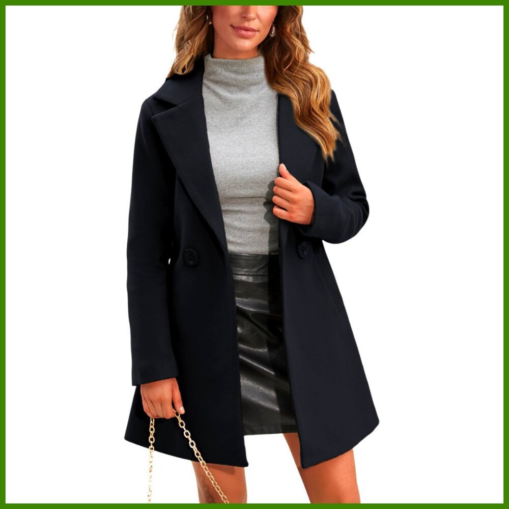 Wool Pea Coat Notched Collar Double Breasted Midi Long Trench Coat